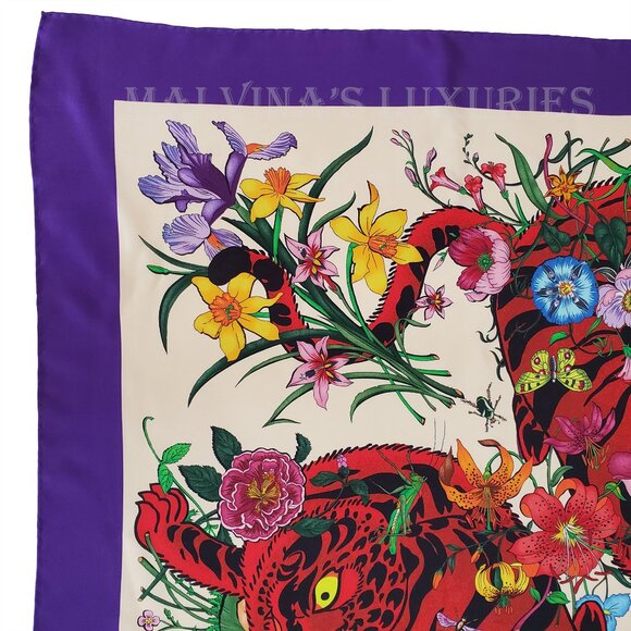 GUCCI SCARF SILK TIGER ICONIC FLORA PRINT SQUARE VIBRANT FOULARD 35" - Picture 6 of 16